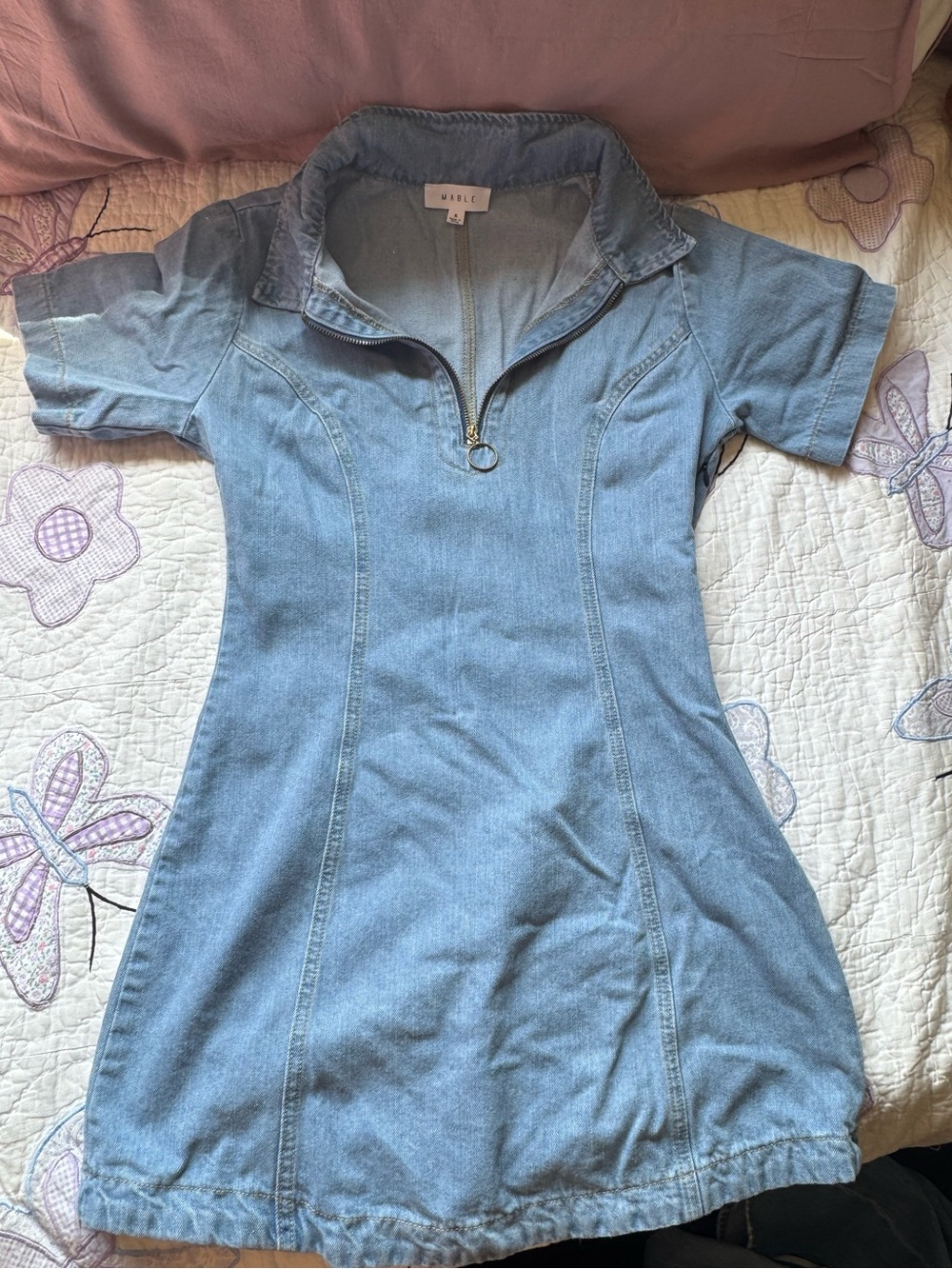 MABLE light wash denim mini dress with zip collar size small